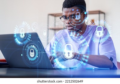 Black Businessman Student Typing On Laptop, Security Lock Chain Hud And Glowing Hologram With Circles. Concept Of Data Protection And Network