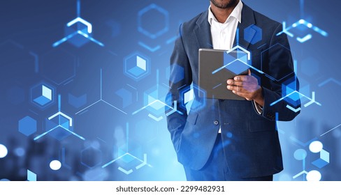 Black businessman with tablet in hand, double exposure abstract big data storage and information fields. Concept of technology, blockchain and online exchange database