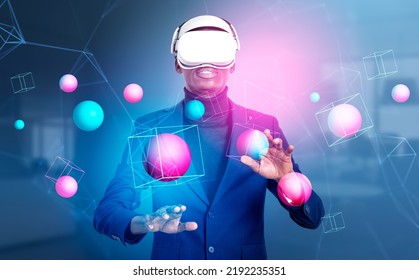 Black businessman in vr glasses, hands touching data spheres and blocks, colorful lines and digital network. Concept of futuristic technology
