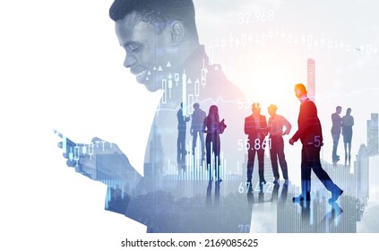 Black businessman working with phone, business people walking silhouettes. Forex diagrams with numbers and candlesticks, double exposure, New York cityscape. Concept of conference - Powered by Shutterstock