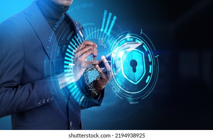 Black businessman working with smartphone, earth hologram virtual hud with shield and lock. Digital technology and binary. Concept of data privacy and protection