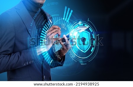 Black businessman working with smartphone, earth hologram virtual hud with shield and lock. Digital technology and binary. Concept of data privacy and protection