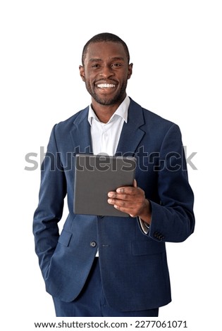 Black businessman working in tablet, concentrated portrait with tablet in hand. Online network and social media, isolated over white background. Concept of online connection