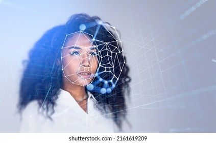 Black businesswoman portrait and digital biometric scanning. Face detection and recognition. Concept of face id and machine learning. - Powered by Shutterstock