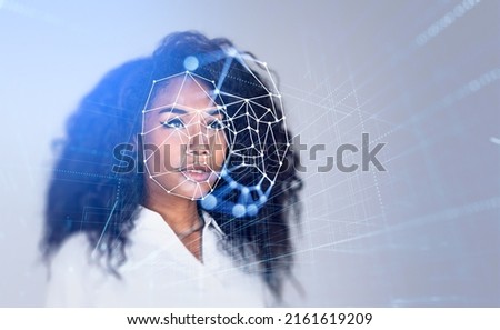 Black businesswoman portrait and digital biometric scanning. Face detection and recognition. Concept of face id and machine learning.