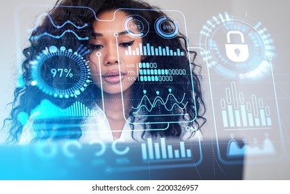 Black businesswoman working with laptop, glowing digital interface with vitality index hud, arrows and percentage circle with cybersecurity lock. Concept of big data - Powered by Shutterstock