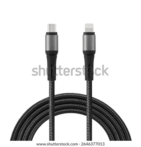 Black cable for charging and synchronization with Lightning and Micro USB connectors on a white isolated background close-up