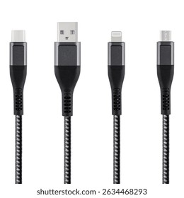 Black cable for charging and synchronization with Type - C, USB, Micro USB, Lightning connectors on a white isolated background close-up