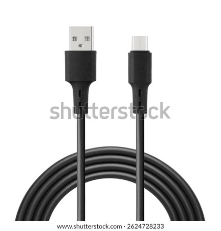 Black cable for charging and synchronization with Type - C and USB connectors on a white isolated background close-up