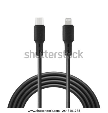 Black cable for charging and synchronization with Type - C and Lightning connectors on a white isolated background close-up