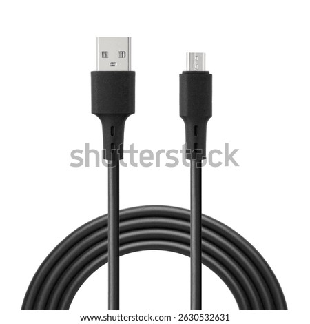 Black cable for charging and synchronization with USB and Micro USB connectors on a white isolated background close-up