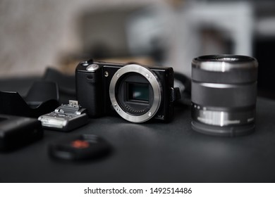 Black camera on a black background
