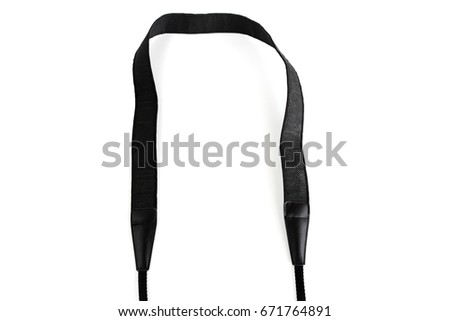 Black camera strap standard design equipment strength support heavy size for professional photographer shoulder sling belt easy shoot photo on white isolated background.