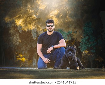 Black Cane Corso dog breed with his owner, a young caucasian man wearing a black T-shirt and sunglasses in a outdoor garden background - Powered by Shutterstock