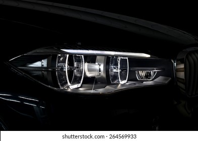 Black Car Headlight With Backlight. Exterior Detail.