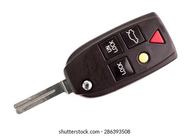 A Black Car Key With Remote Buttons With Different Functions And A Flip Open Metal Key Part Viewed From Above On A White Isolated Background.