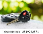 black car key and remote control with red button alarm