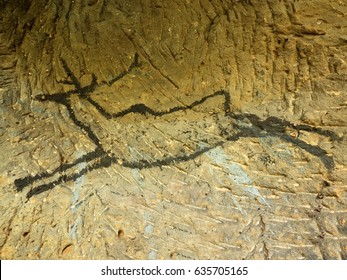 Black Carbon Paint Of Deer On Sandstone Wall, Prehistorical Picture. Art In  Sandstone Cave. Black Carbon Symbols On Sandstone Wall. Paint Of Human,,  Prehistoric Picture. Discovery Of Human History