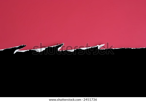 Black card jagged\
tear on a red background