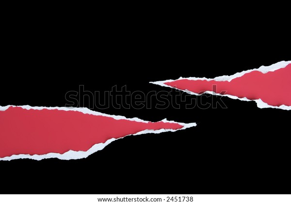 Black card with two torn out horizontal strips\
on a red background
