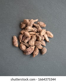 Black Cardamon (brown Cardamom, Amomum Subulatum) On Grey Background