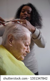 Black Caregiver Girl Cuts Hair To Elderly Caucasian Woman