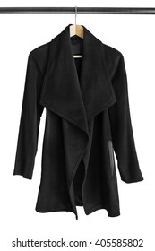 Black Cashmere Coat On Clothes Rack Isolated Over White