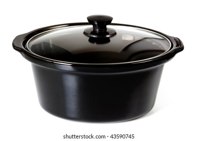 Black Casserole Dish Or Crock Pot, Isolated On White.