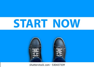 Black Casual Shoes Standing At Start Now Line. Representing Great Success Start With First Step.