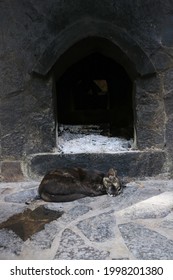 A Black Cat Was Fast Asleep In Front Of A Wood -burning Stove That Was No Longer Burning