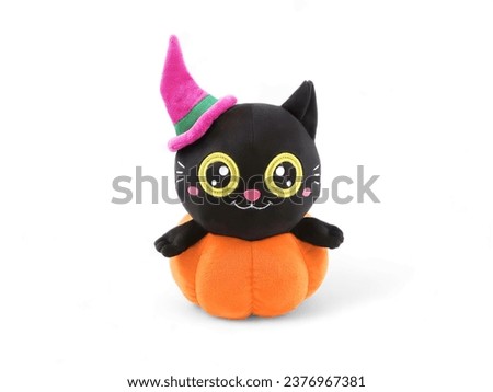 Black cat halloween doll wearing pumpkin and hat on white background