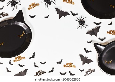 Black Cat Shaped Halloween Party Paper Plates, Bats And Happy Halloween Text Confetti On White Background