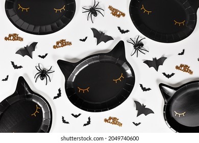 Black Cat Shaped Halloween Party Paper Plates, Bats And Happy Halloween Text Confetti On White Background