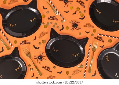 Black Cat Shaped Halloween Party Paper Plates, Bats And Happy Halloween Text Confetti On Orange Background