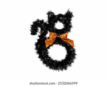 Black Cat Wreath featuring a playful design with a sparkly orange bow, perfect for adding a festive touch to Halloween decorations, celebrating the spooky season with charm. - Powered by Shutterstock