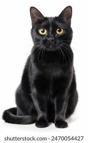 Un gato negro con ojos amarillos está sentado sobre un fondo blanco. Los ojos del gato están bien abiertos, lo que le da un aspecto curioso y alerta