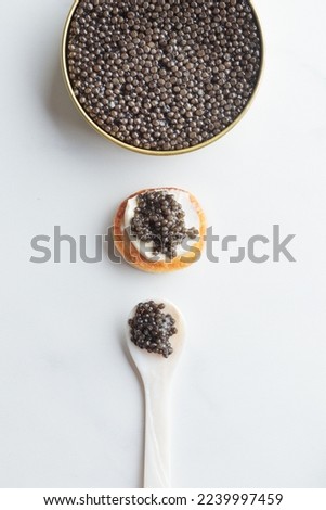 Black caviar in the can and appetizer mini pancake with a pearl spoon, top view, Vertical banner on a white background with a copy space