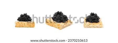 Black Caviar on Bread Isolated, Sturgeon, Sevruga, Beluga Caviare, Luxury Seafood, Expensive Gourmet Delicatessen, Black Caviar on White Background