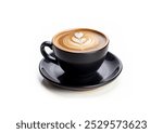 Black Ceramic coffee mug cup filled with cappuccino with a heart shape drawing design isolated on white background