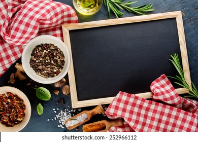 Black Chalk Board And Spices. Template For Recipes Or Food Menu