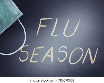 Black Chalkboard With Phrase Flu Season Written On It And A Face Mask, Flu Season Or Influenza Concept