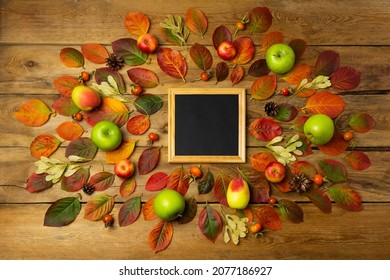 Black Chalkboard Wooden Square Frame Rustic Mockup With Fall Leaves. Empty Blackboard Frame Mock Up For Presentation Design. Template Black Felt Letter Board Framing For Modern Art.