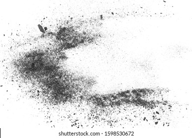 Black Charcoal Dust Explosion, Gunpowder Isolated On White Background And Texture, Top View