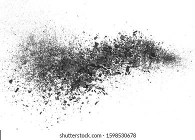 Black charcoal dust explosion  gunpowder isolated white background   texture  top view