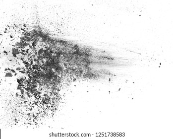 Black charcoal dust  gunpowder explosion isolated white background   texture  top view