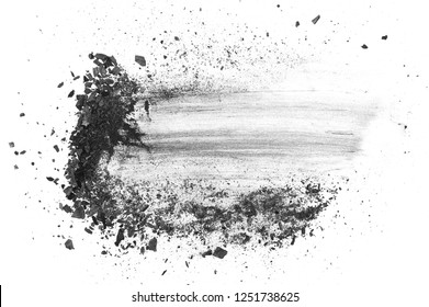 Black Charcoal Dust, Gunpowder Explosion Isolated On White Background And Texture, Top View