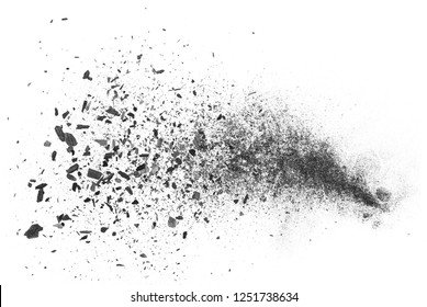 Black Charcoal Dust, Gunpowder Explosion Isolated On White Background And Texture, Top View