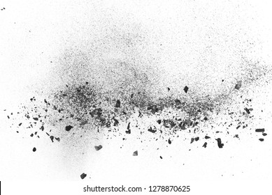 Black Charcoal Dust, Gunpowder Explosion Texture Isolated On White Background, Top View