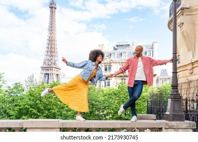 Black Cheerful Happy Couple In Love Visiting Paris City Centre And Eiffel Tower - African American Tourists Travelling In Europe And Dating Outdoors