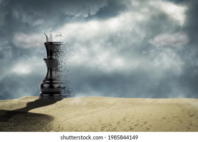 Black Chess Queen Falls Apart, In The Sand Dunes. Dispersion Effect. The Concept Of Defeat. Business. Lifestyle. Abstraction. Background.